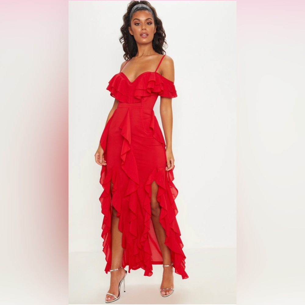 PrettyLittleThings “Hot Mama” Red Ruffled Maxi Dress